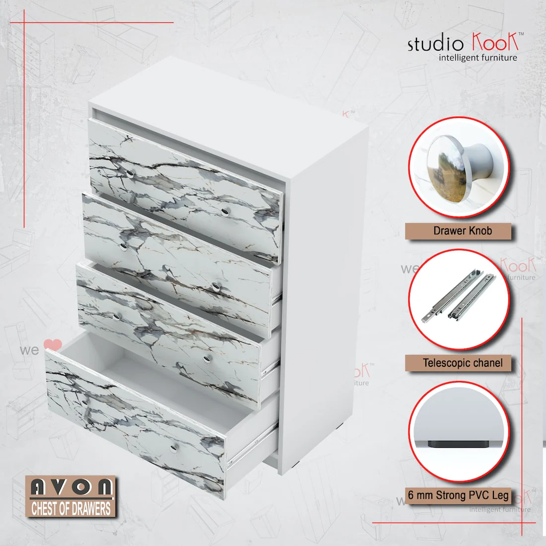 Avon Chest of Drawers (Marble finish Laminate & Moonshine White) - Image 3