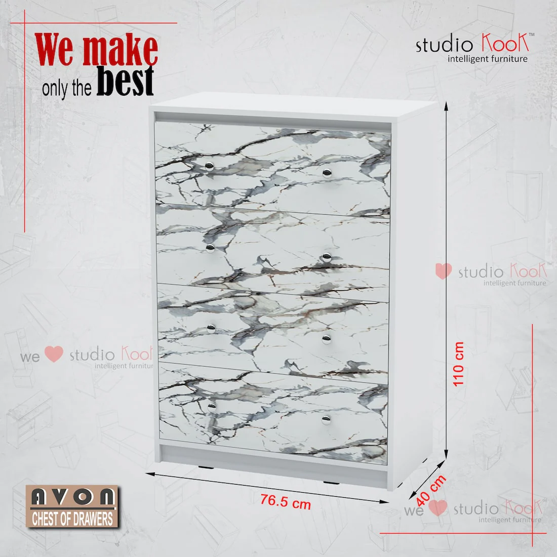 Avon Chest of Drawers (Marble finish Laminate & Moonshine White) - Image 4