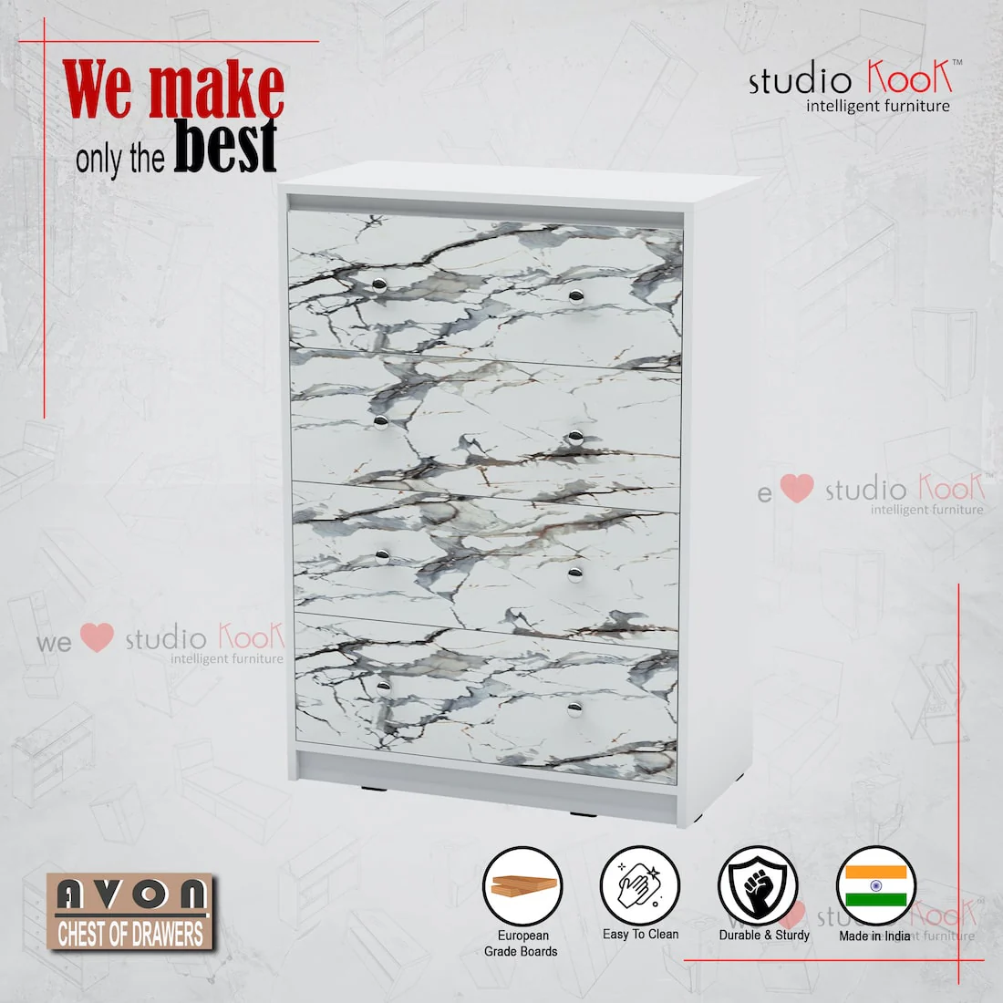 Avon Chest of Drawers (Marble finish Laminate & Moonshine White) - Image 5