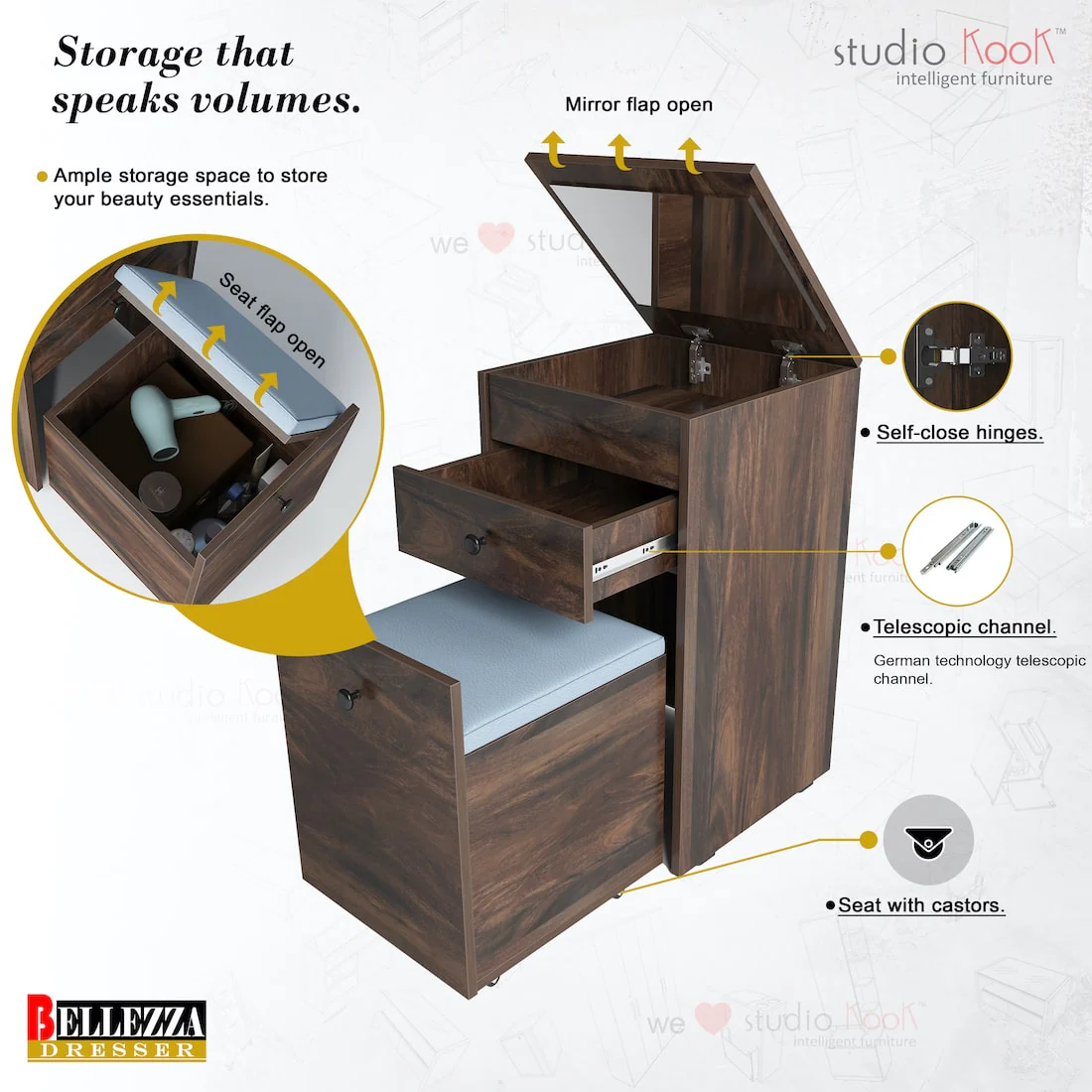 Bellezza Dresser Unit / Dressing Table with Mirror - Image 3
