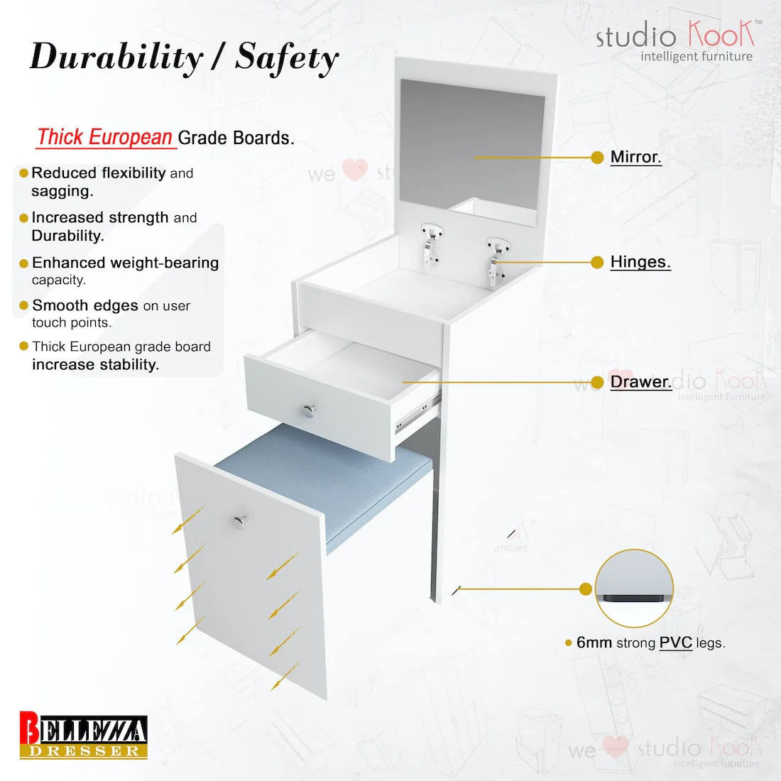 Bellezza Dresser Unit / Dressing Table with Mirror - Image 7