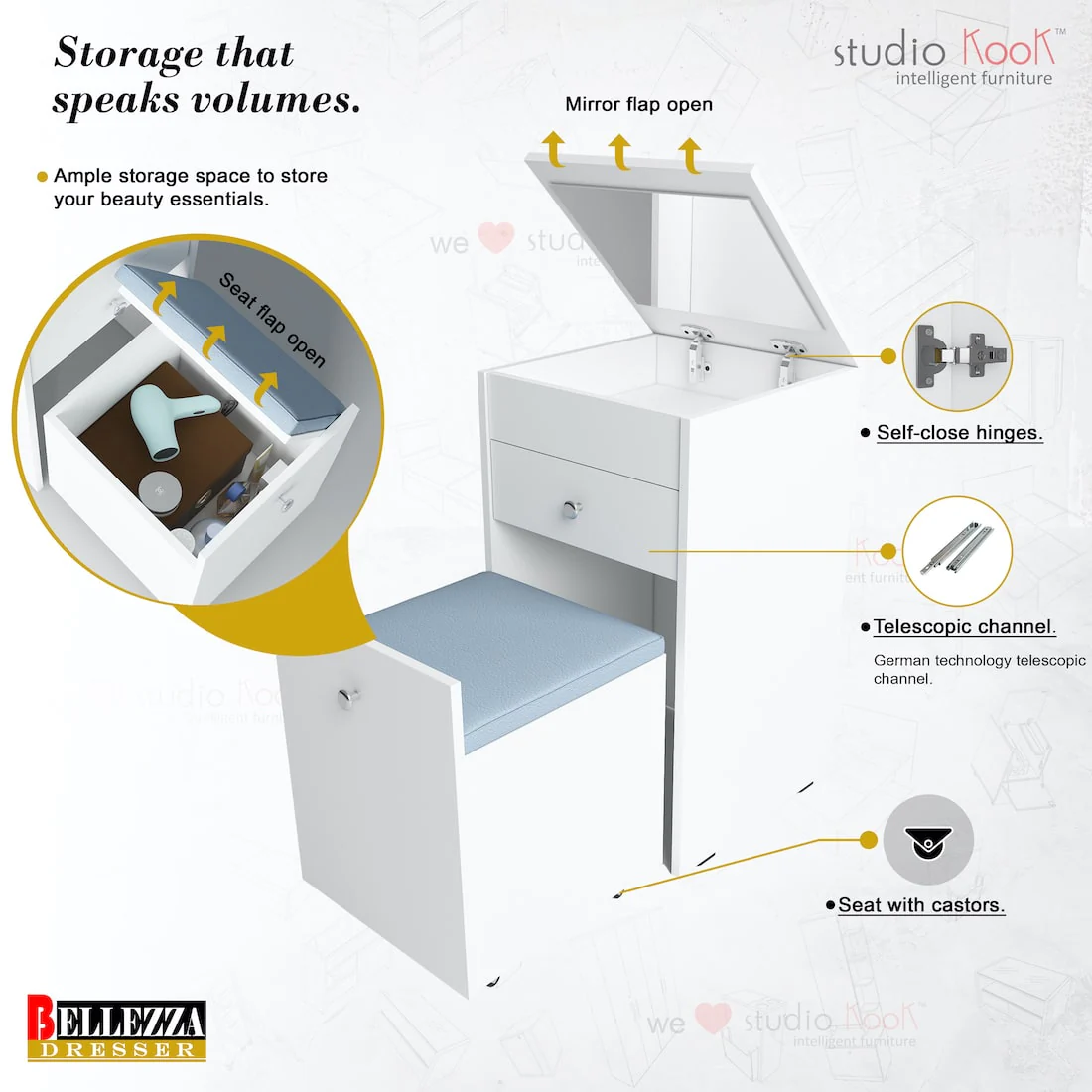 Bellezza Dresser Unit / Dressing Table with Mirror - Image 8