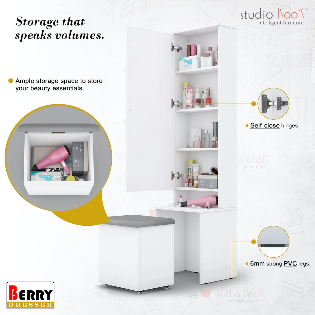 Berry Dresser Unit / Dressing Table with Mirror & Seating - Image 3