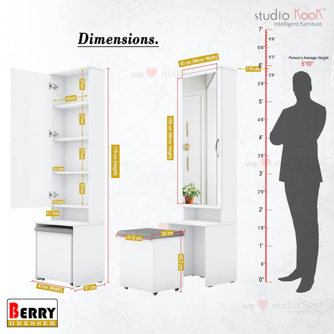 Berry Dresser Unit / Dressing Table with Mirror & Seating - Image 4