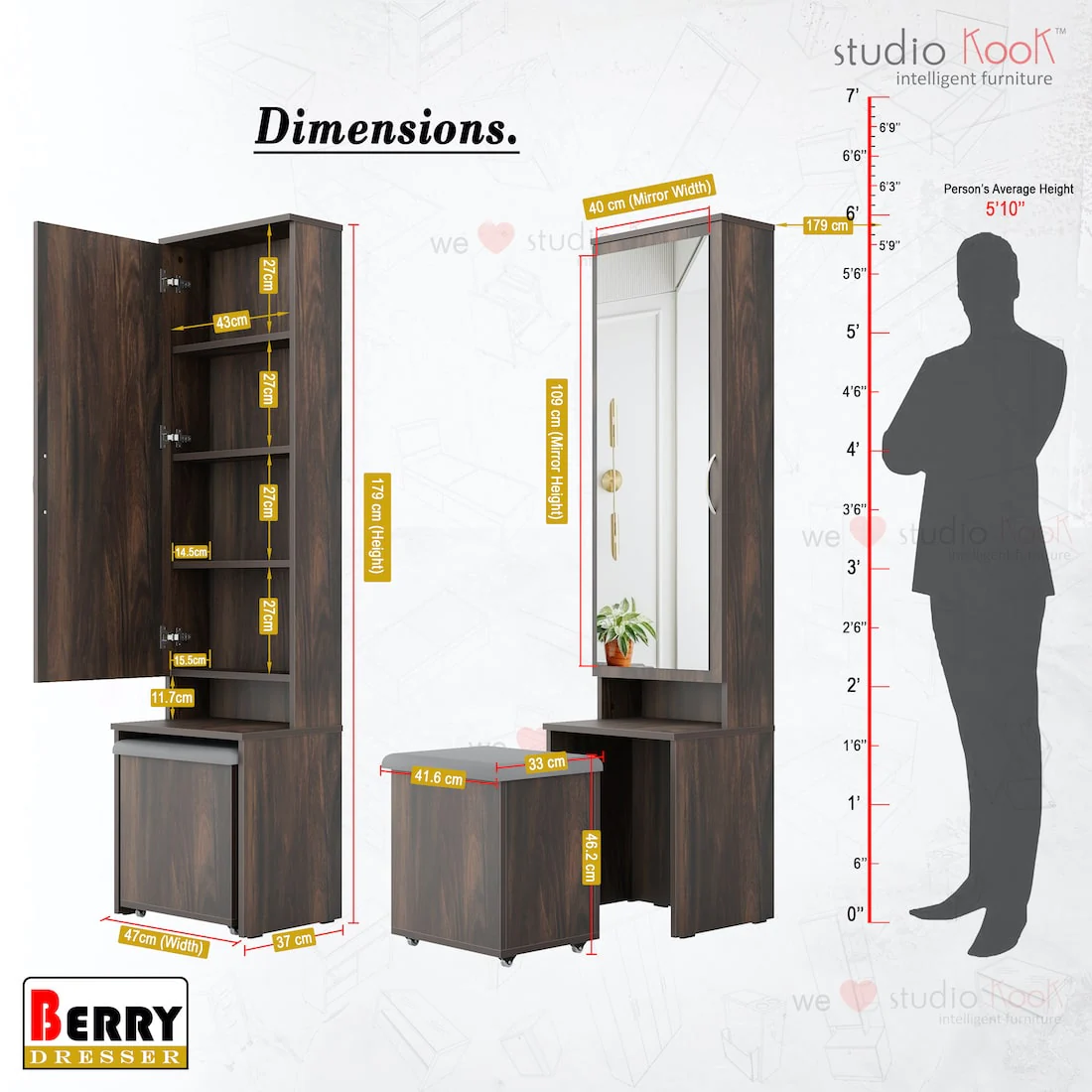 Berry Dresser Unit / Dressing Table with Mirror & Seating - Image 9