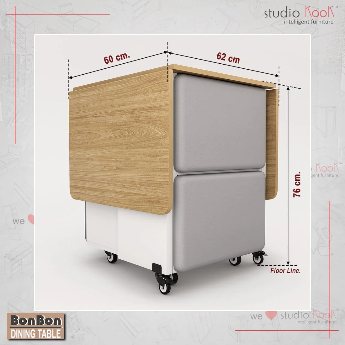 Bonbon 4 Seater Folding Space Saving Dining Table with Inbuilt Seating - Image 11