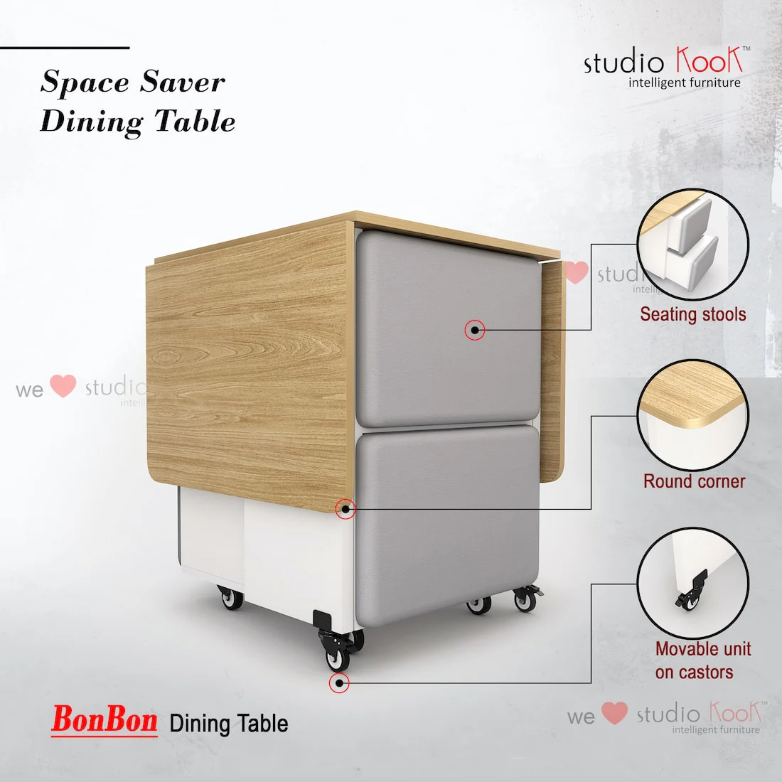 Bonbon 4 Seater Folding Space Saving Dining Table with Inbuilt Seating - Image 12