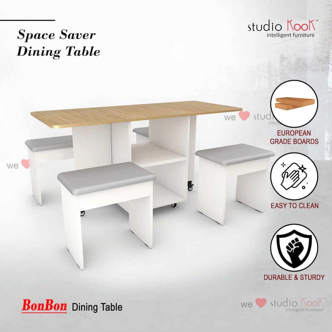 Bonbon 4 Seater Folding Space Saving Dining Table with Inbuilt Seating - Image 13