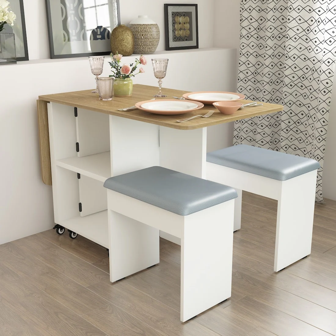 Bonbon 4 Seater Folding Space Saving Dining Table with Inbuilt Seating - Image 16