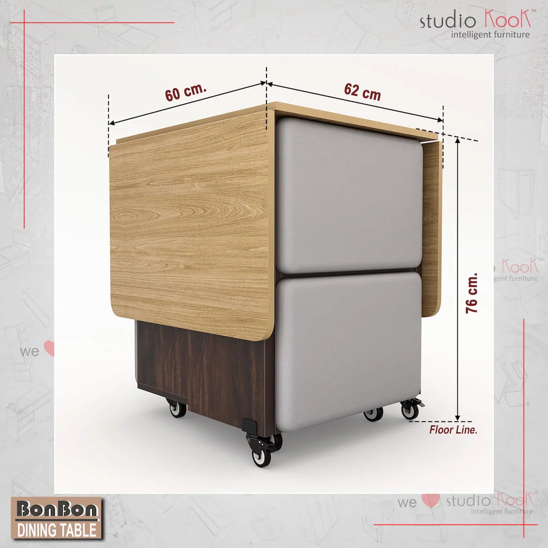 Bonbon 4 Seater Folding Space Saving Dining Table with Inbuilt Seating - Image 3