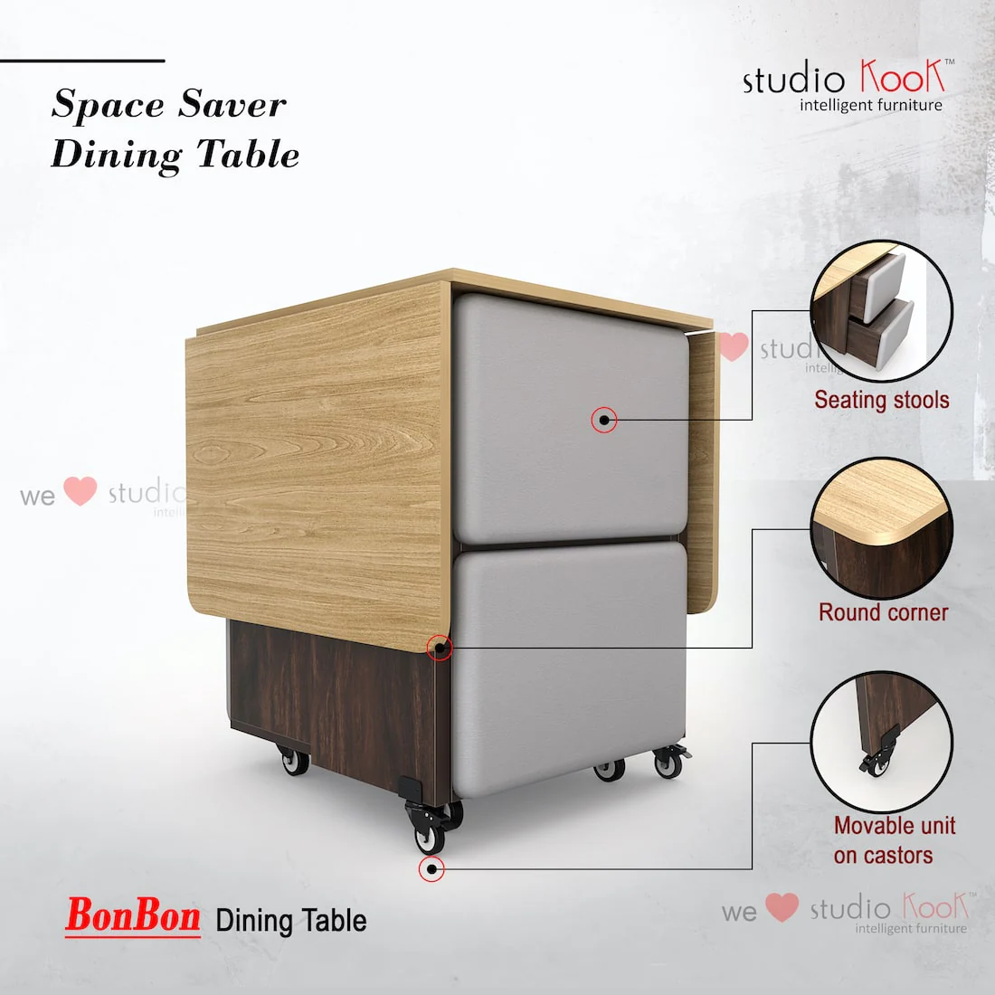 Bonbon 4 Seater Folding Space Saving Dining Table with Inbuilt Seating - Image 4