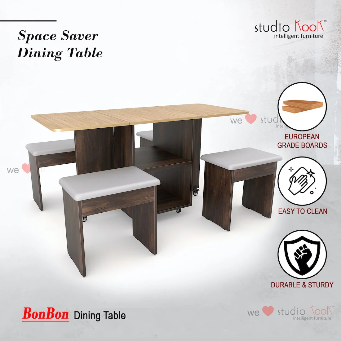 Bonbon 4 Seater Folding Space Saving Dining Table with Inbuilt Seating - Image 5