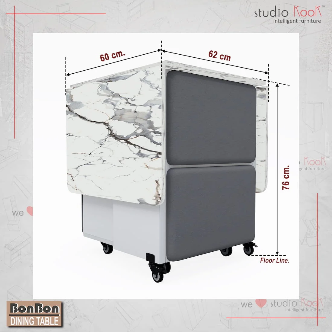 Bonbon 4 Seater Folding Dining Table with Inbuilt Seating (Marble Finish Laminate Top & Moonshine White) - Image 3