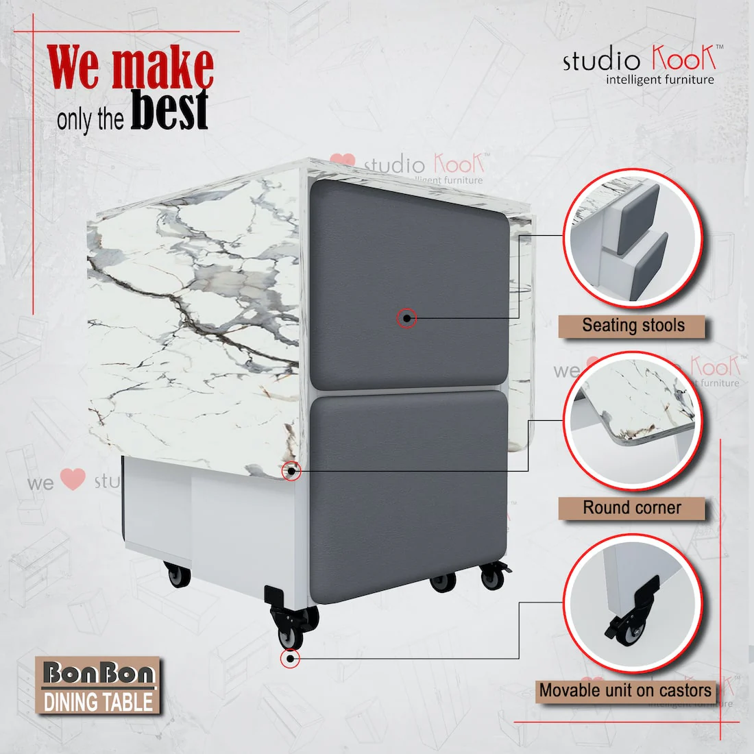 Bonbon 4 Seater Folding Dining Table with Inbuilt Seating (Marble Finish Laminate Top & Moonshine White) - Image 4