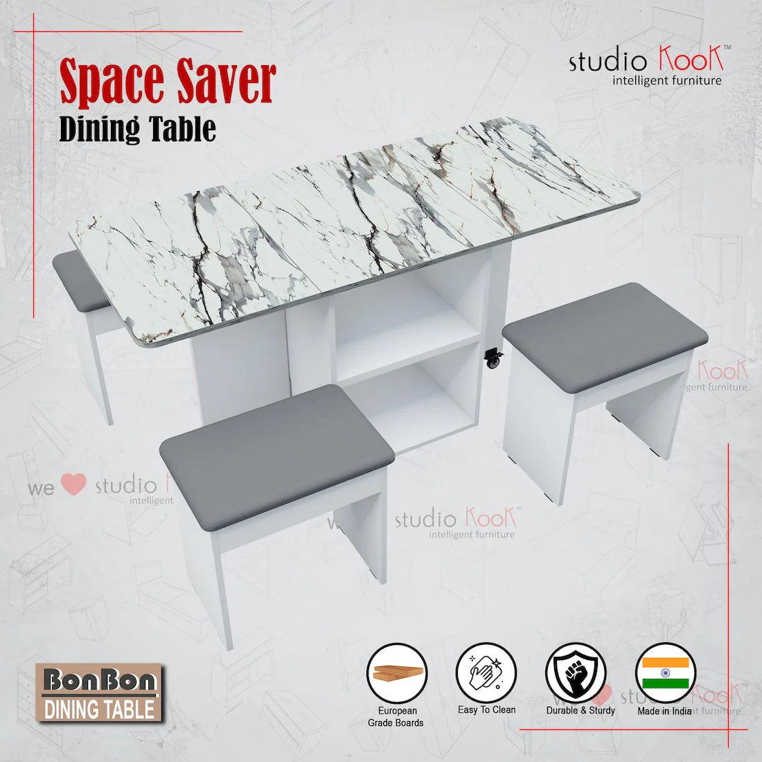 Bonbon 4 Seater Folding Dining Table with Inbuilt Seating (Marble Finish Laminate Top & Moonshine White) - Image 5