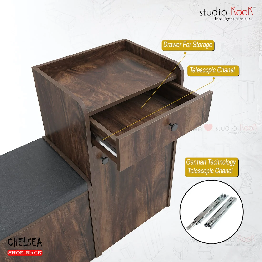 Chelsea Shoerack - 20 pairs capacity Shoe Cabinet with Cushion Seating - Image 10