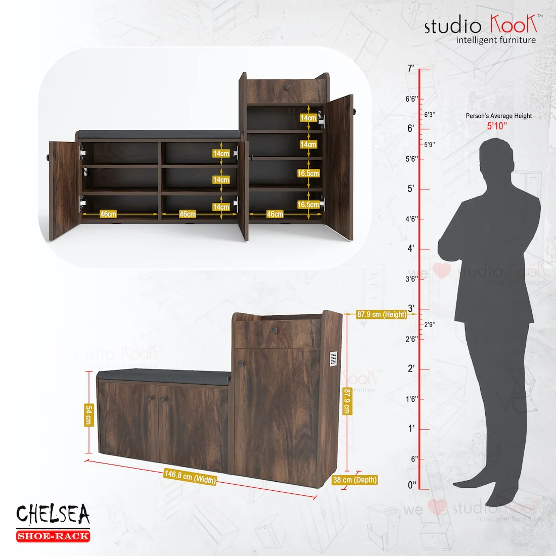 Chelsea Shoerack - 20 pairs capacity Shoe Cabinet with Cushion Seating - Image 11