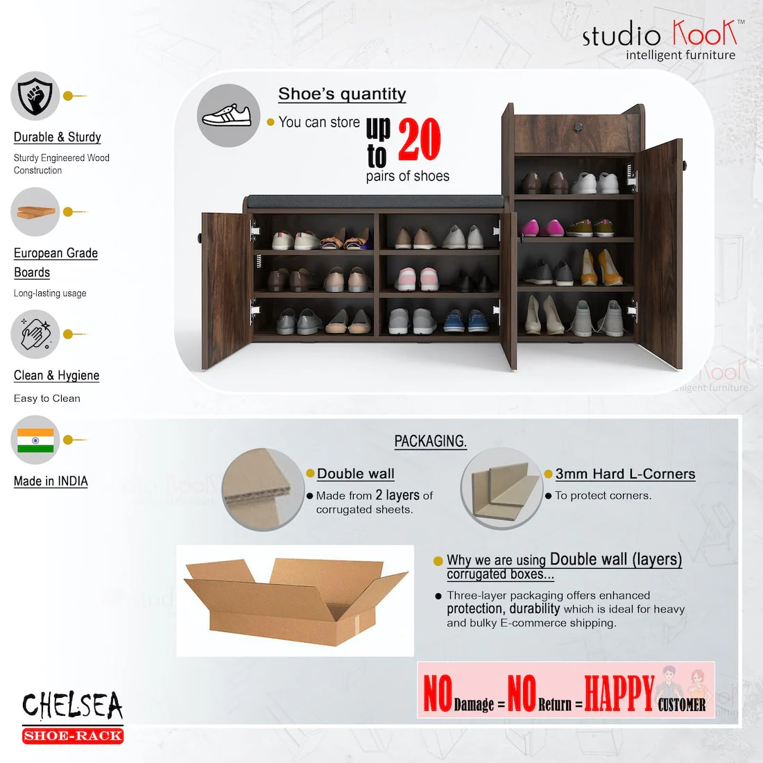 Chelsea Shoerack - 20 pairs capacity Shoe Cabinet with Cushion Seating - Image 12