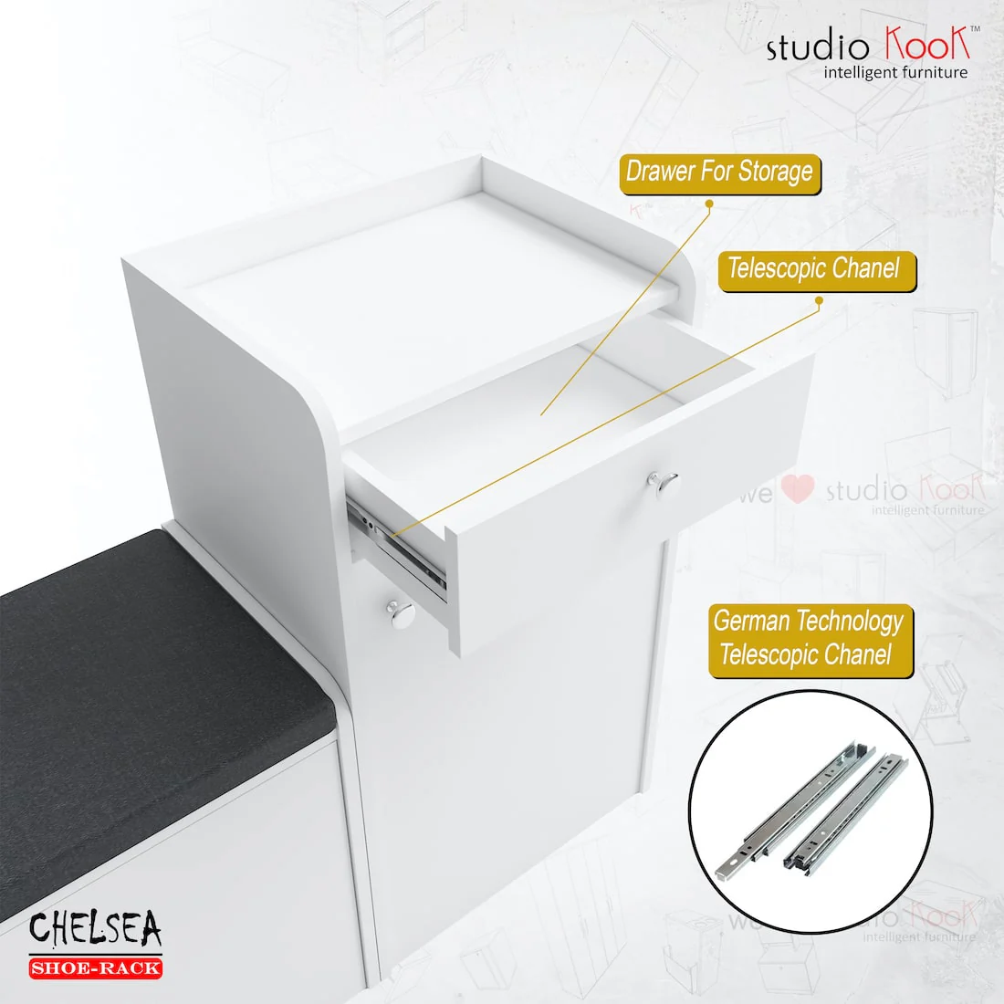 Chelsea Shoerack - 20 pairs capacity Shoe Cabinet with Cushion Seating - Image 3