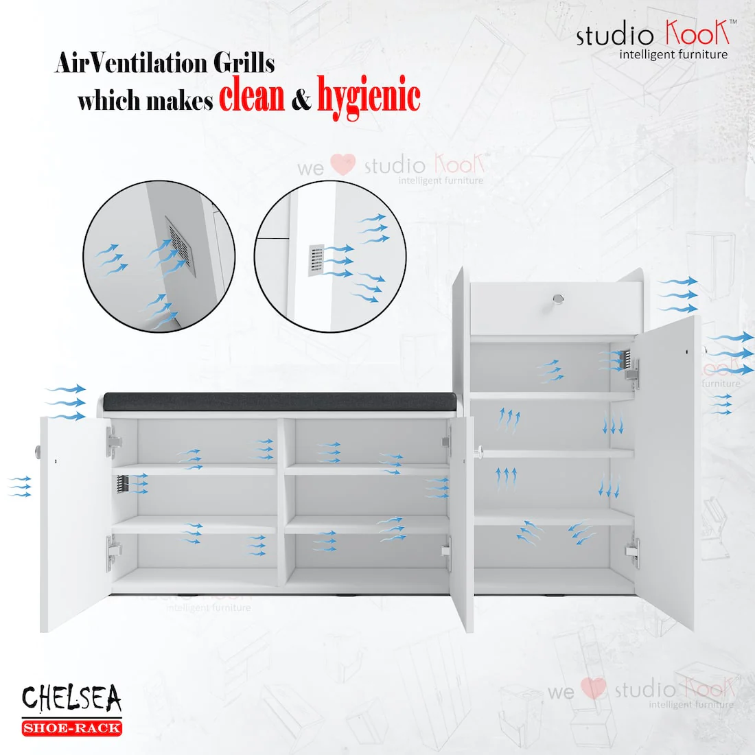 Chelsea Shoerack - 20 pairs capacity Shoe Cabinet with Cushion Seating - Image 5