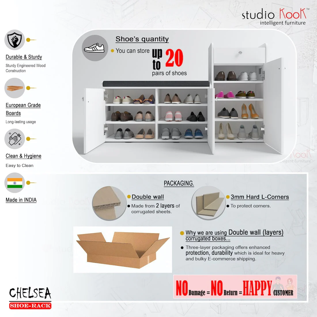 Chelsea Shoerack - 20 pairs capacity Shoe Cabinet with Cushion Seating - Image 6