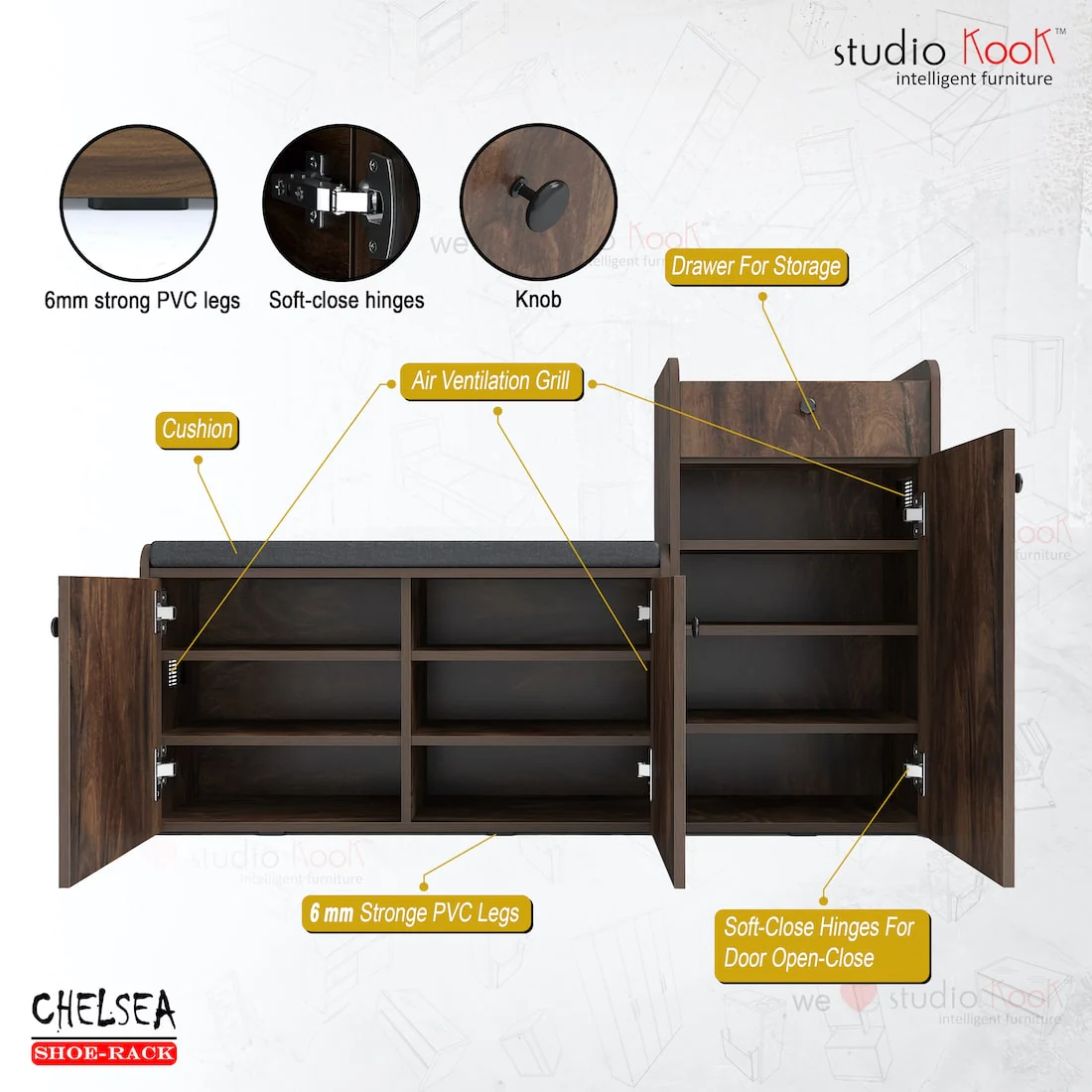 Chelsea Shoerack - 20 pairs capacity Shoe Cabinet with Cushion Seating - Image 8