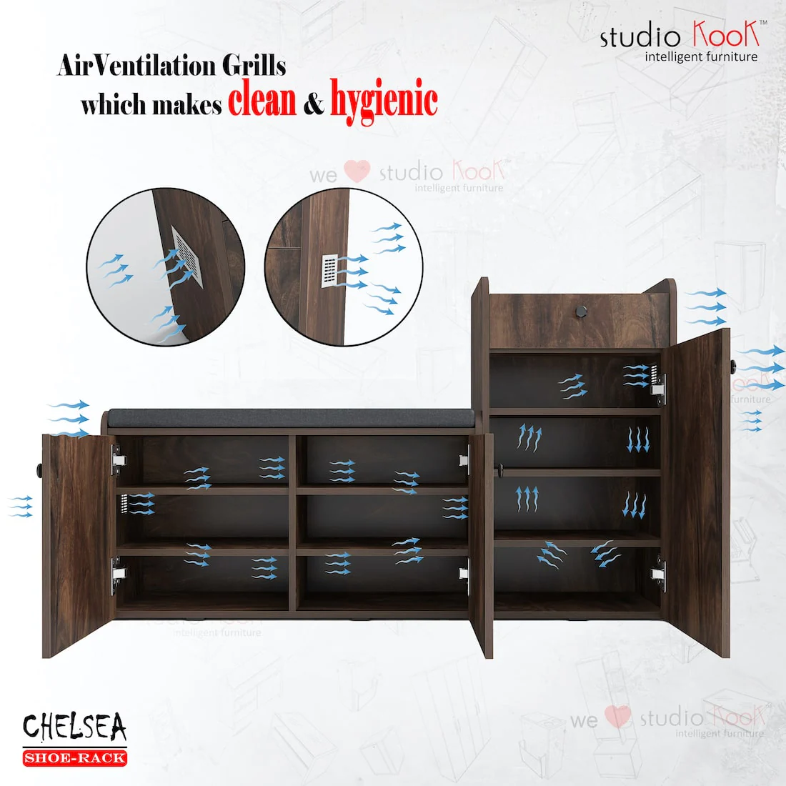 Chelsea Shoerack - 20 pairs capacity Shoe Cabinet with Cushion Seating - Image 9