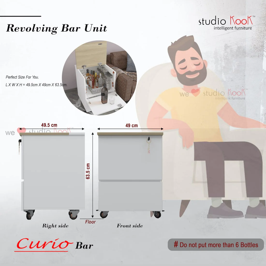 Curio Mini Bar Cabinet on Wheels (Moonshine White, Matte Finish) - Image 5