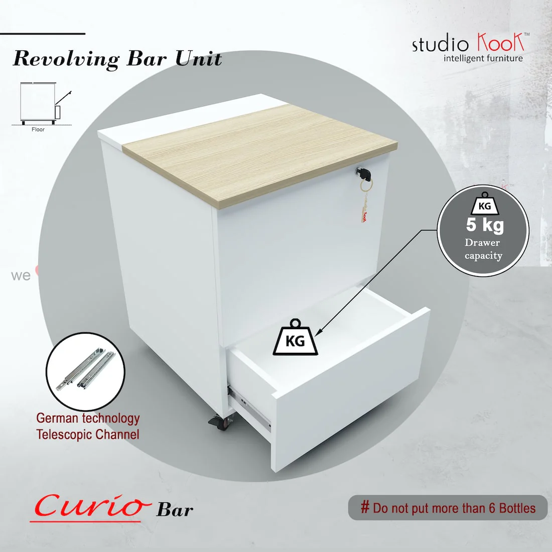 Curio Mini Bar Cabinet on Wheels (Moonshine White, Matte Finish) - Image 6