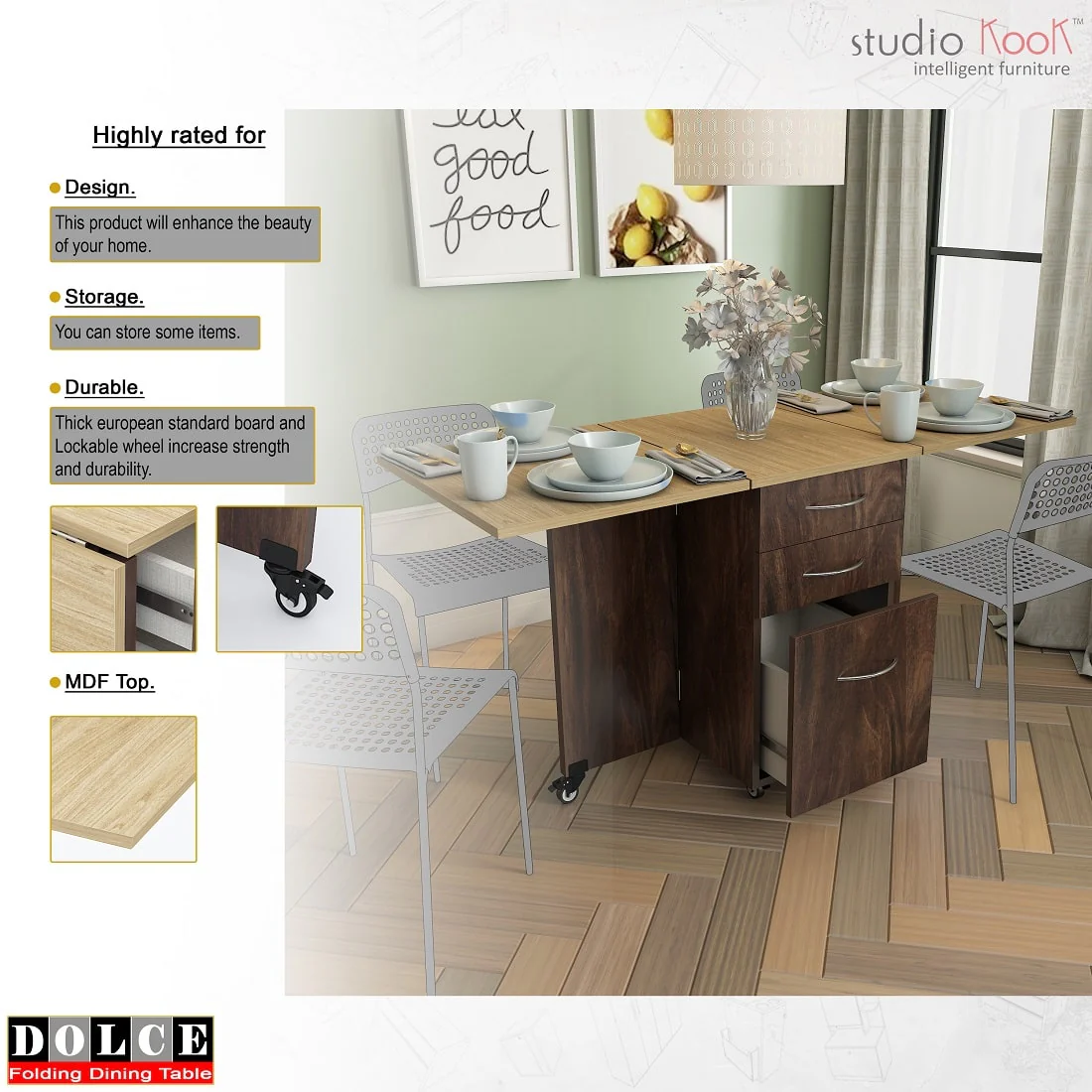 Dolce 4 Seater Folding Dining Table (Junglewood Finish,Without Chairs) - Image 4