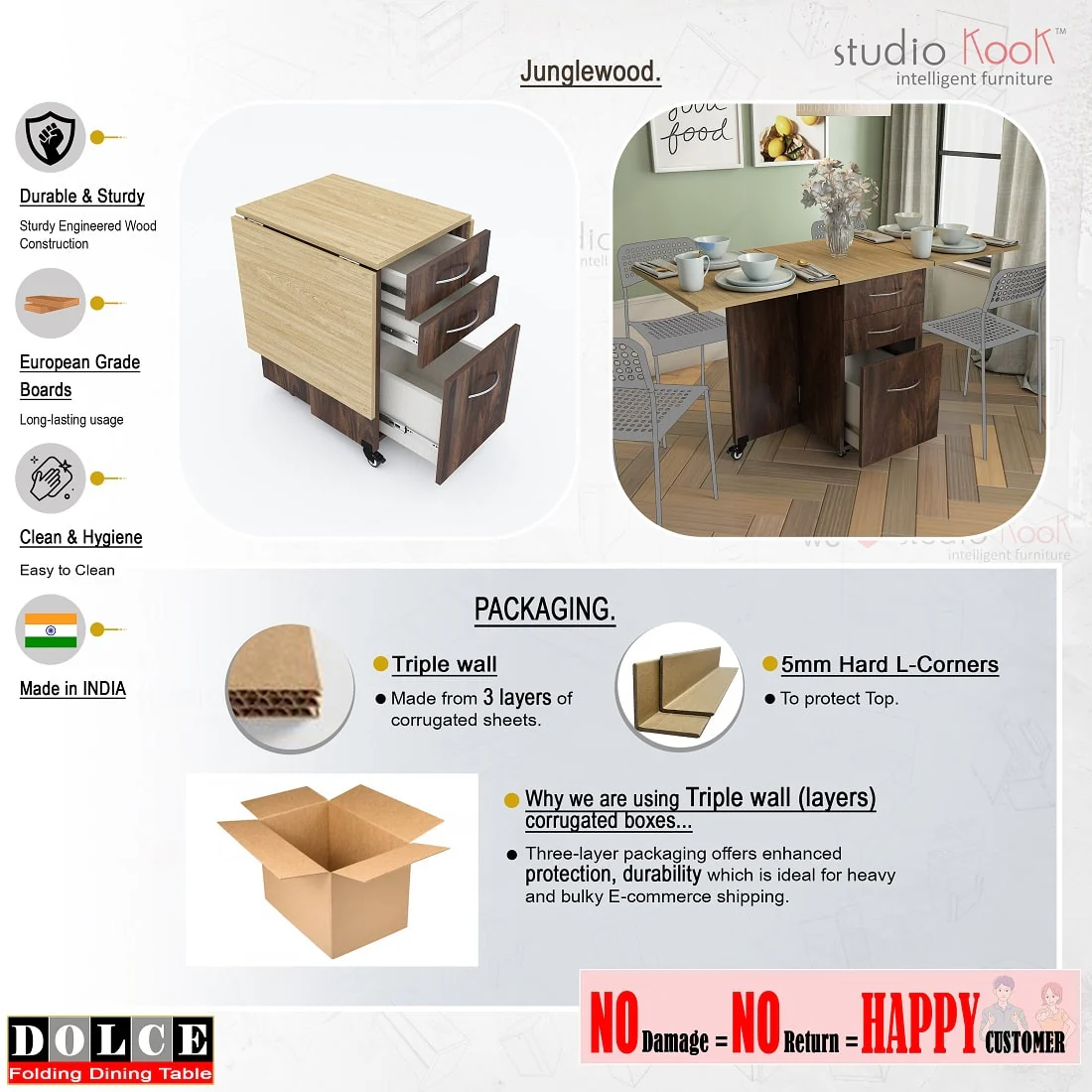 Dolce 4 Seater Folding Dining Table (Junglewood Finish,Without Chairs) - Image 6