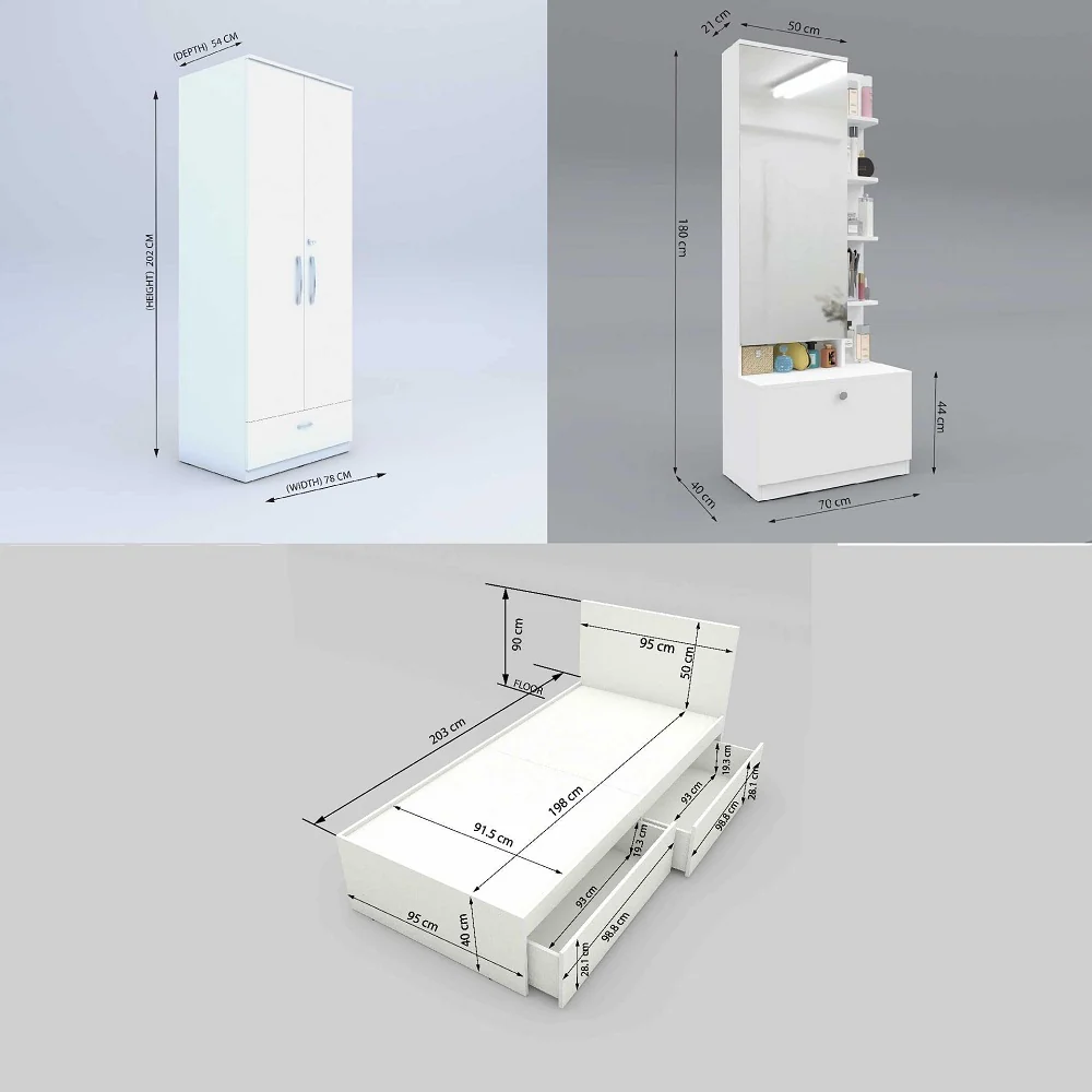 Finisa 14: Set of 3 Bedroom Furniture - 2 door 2 drawer Wardrobe, Single Bed with Headboard, Dresser - Image 3