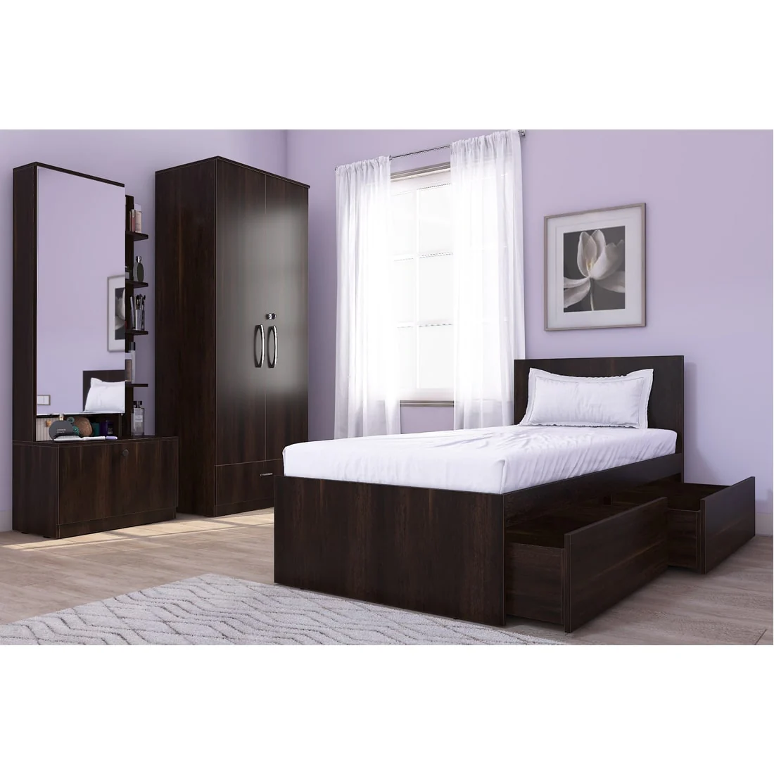 Finisa 14: Set of 3 Bedroom Furniture - 2 door 2 drawer Wardrobe, Single Bed with Headboard, Dresser - Image 4