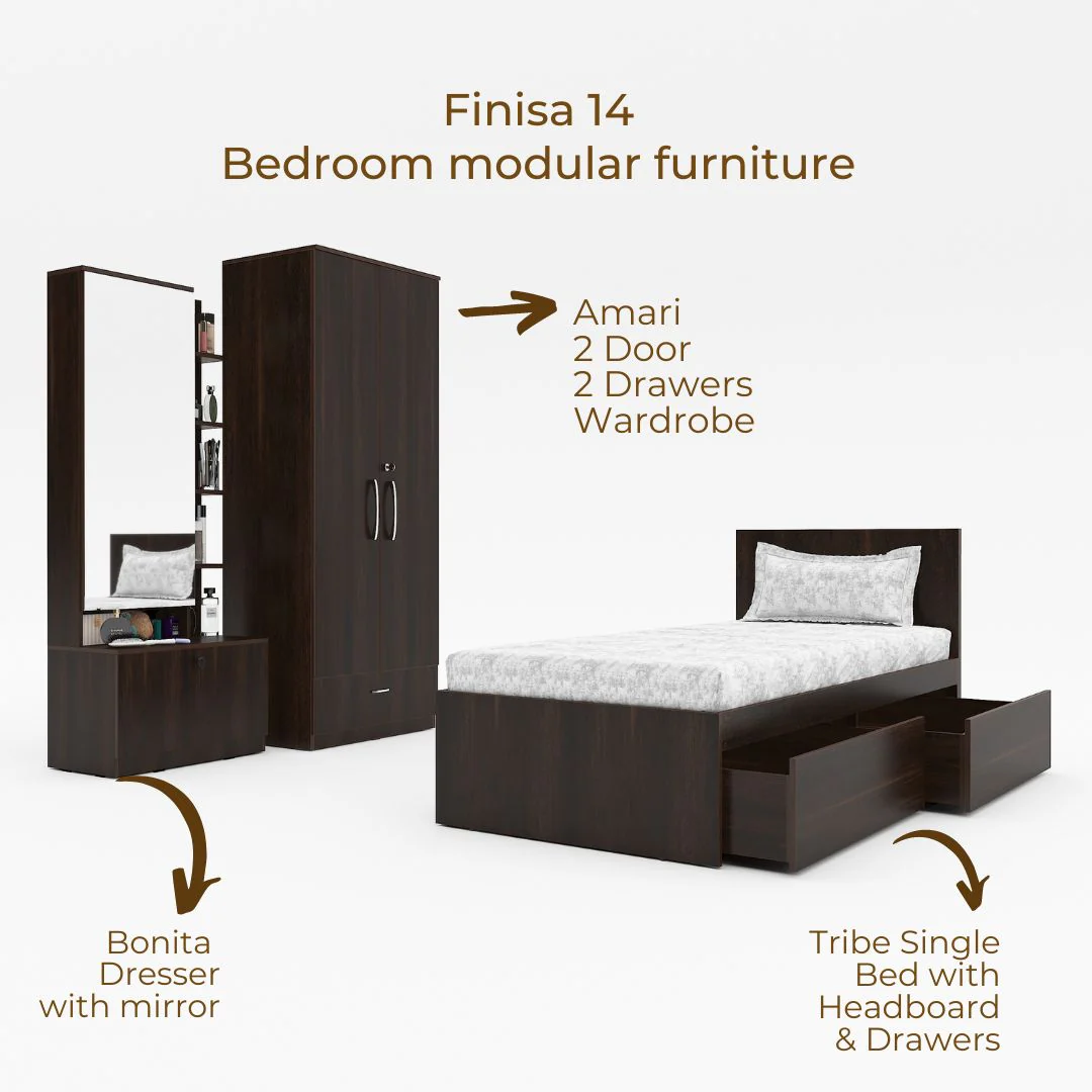 Finisa 14: Set of 3 Bedroom Furniture - 2 door 2 drawer Wardrobe, Single Bed with Headboard, Dresser - Image 5