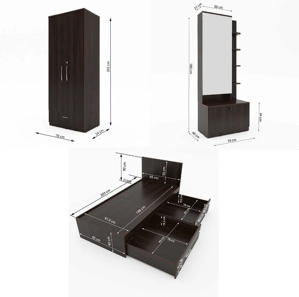 Finisa 14: Set of 3 Bedroom Furniture - 2 door 2 drawer Wardrobe, Single Bed with Headboard, Dresser - Image 6