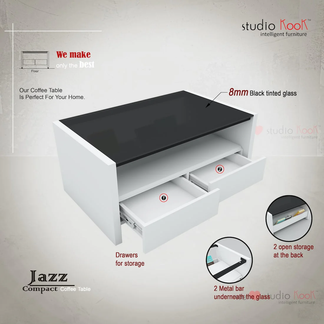 Jazz Compact Coffee Center Table with Storage Drawers - Image 10