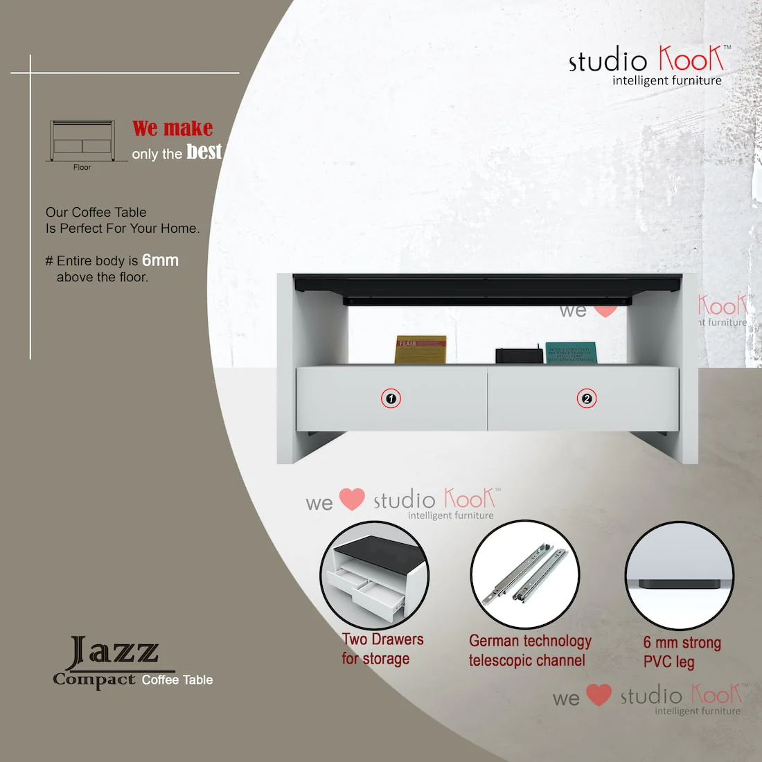 Jazz Compact Coffee Center Table with Storage Drawers - Image 11