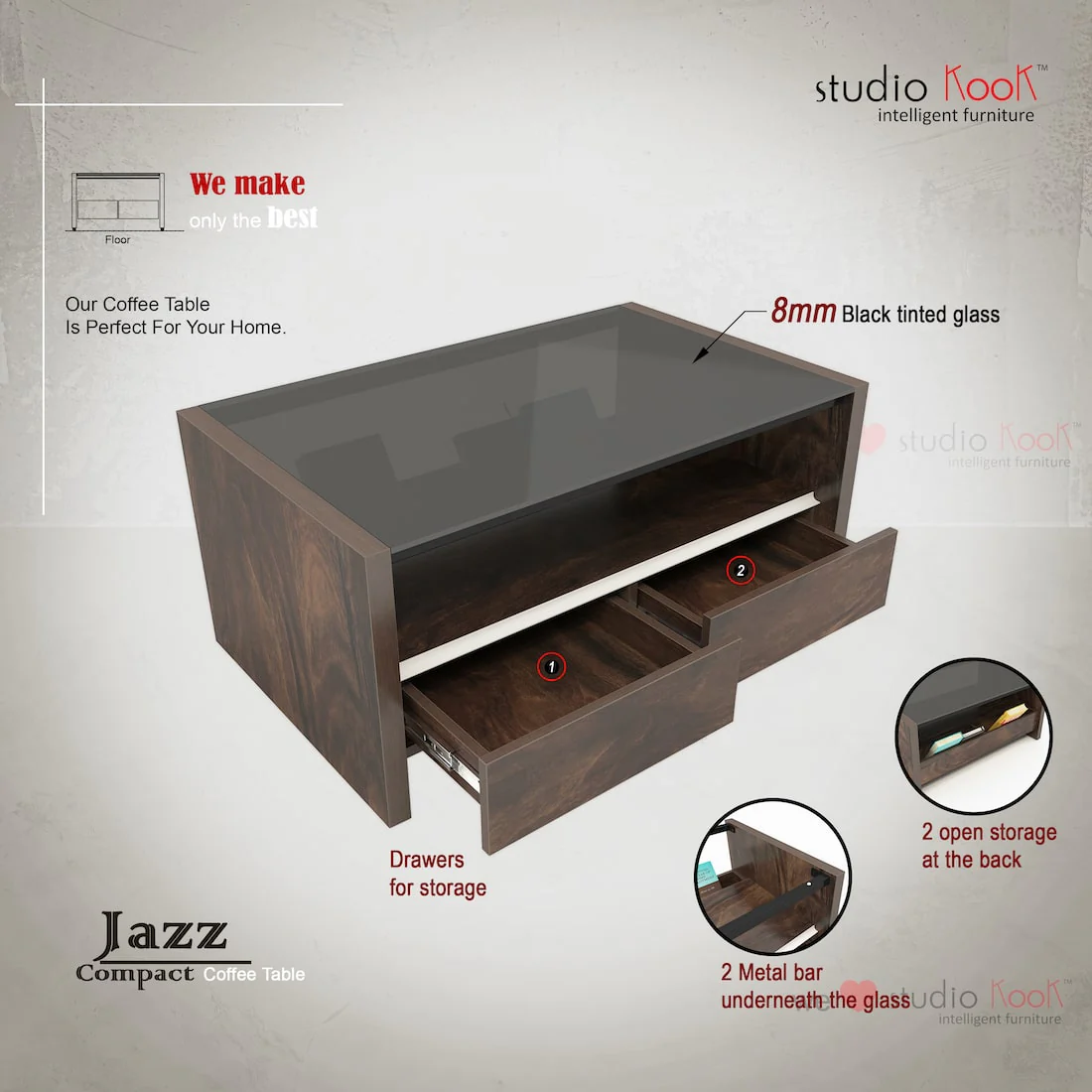 Jazz Compact Coffee Center Table with Storage Drawers - Image 3