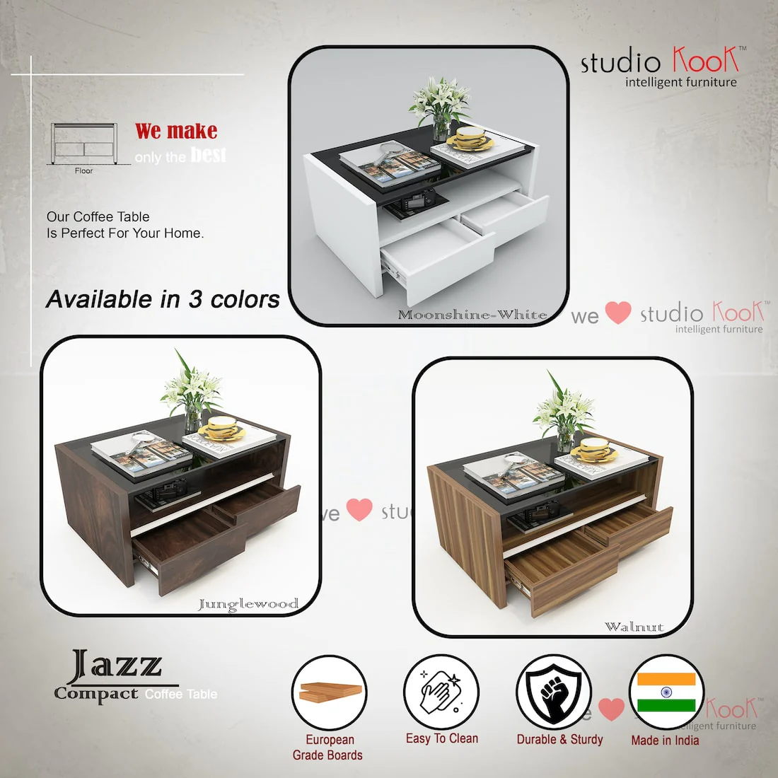 Jazz Compact Coffee Center Table with Storage Drawers - Image 5