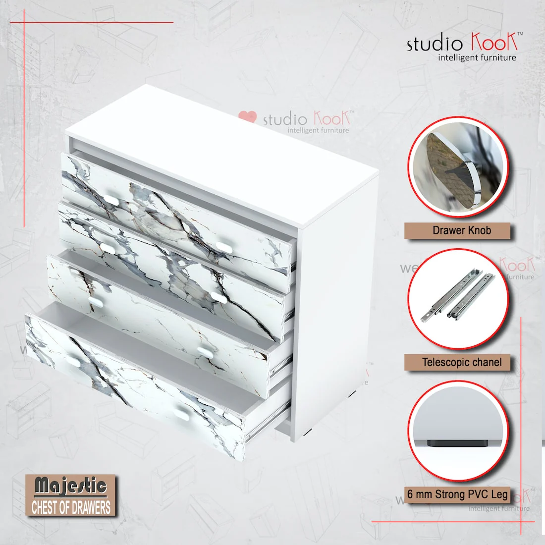 Majestic Chest of Drawers (Marble finish Laminate & Moonshine White) - Image 3