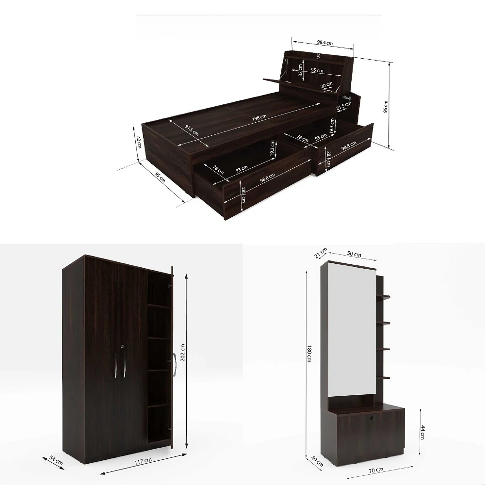 Neuvo 13: Set of 3 Bedroom Furniture - 3 door Wardrobe, Single Bed with Headboard Storage, Dresser - Image 3
