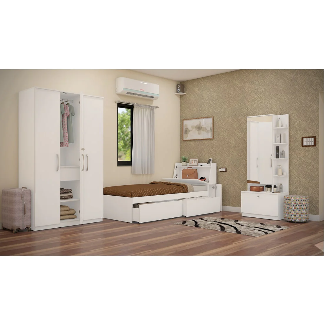Neuvo 13: Set of 3 Bedroom Furniture - 3 door Wardrobe, Single Bed with Headboard Storage, Dresser - Image 4