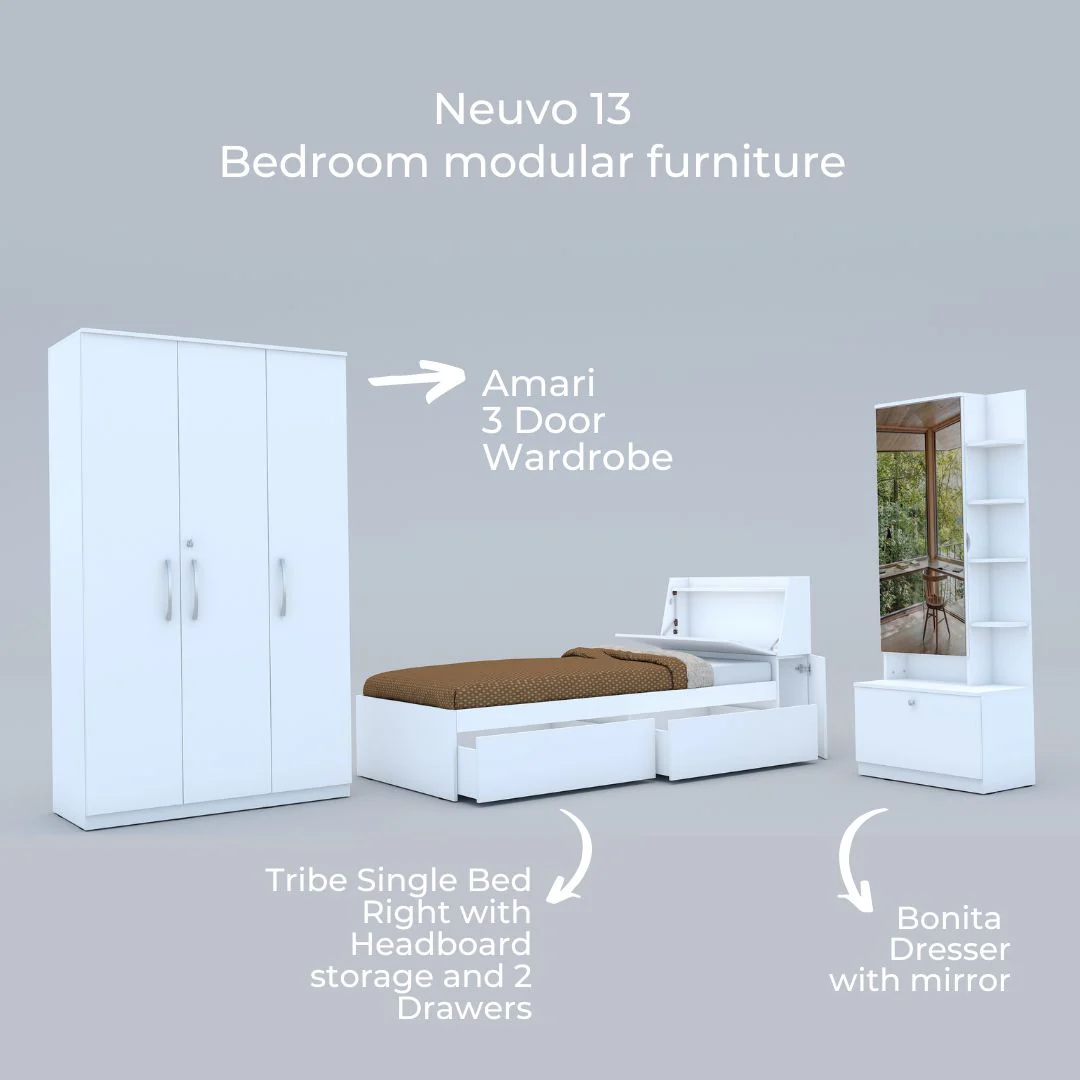 Neuvo 13: Set of 3 Bedroom Furniture - 3 door Wardrobe, Single Bed with Headboard Storage, Dresser - Image 5