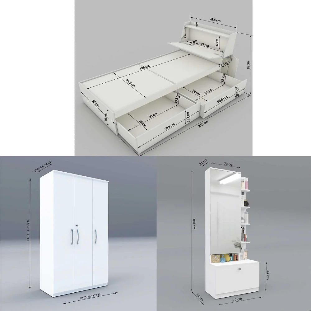 Neuvo 13: Set of 3 Bedroom Furniture - 3 door Wardrobe, Single Bed with Headboard Storage, Dresser - Image 6