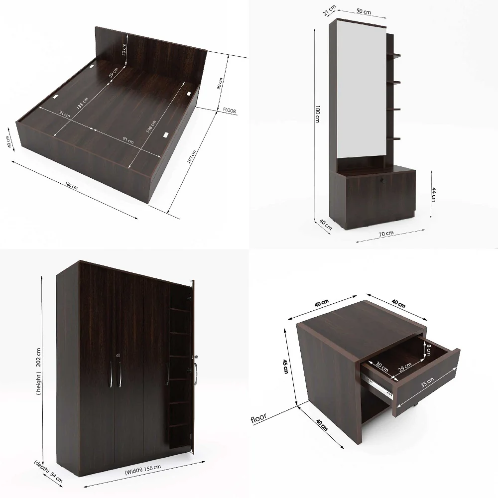 Royale 2 set of 5 modular furniture - King Bed, 4 Door Wardrobe, Dresser with Mirror and 2 side tables - Image 3