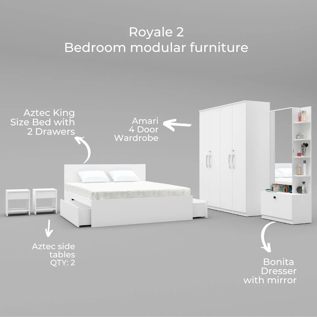 Royale 2 set of 5 modular furniture - King Bed, 4 Door Wardrobe, Dresser with Mirror and 2 side tables - Image 5