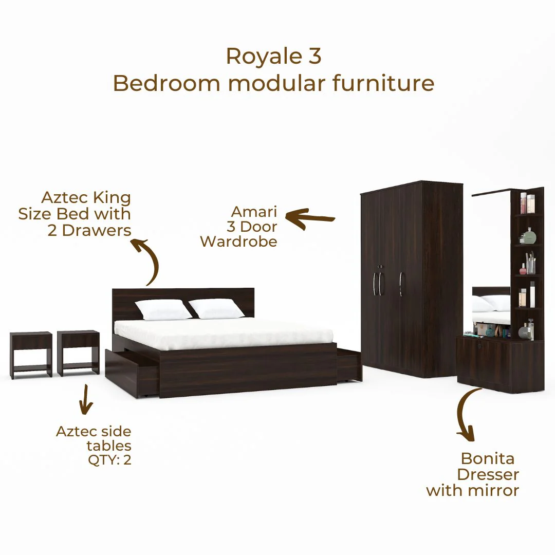Royale 3: Set of 5 Bedroom Furniture - 3 door Wardrobe, King Bed, Dresser and Side Tables - Image 5